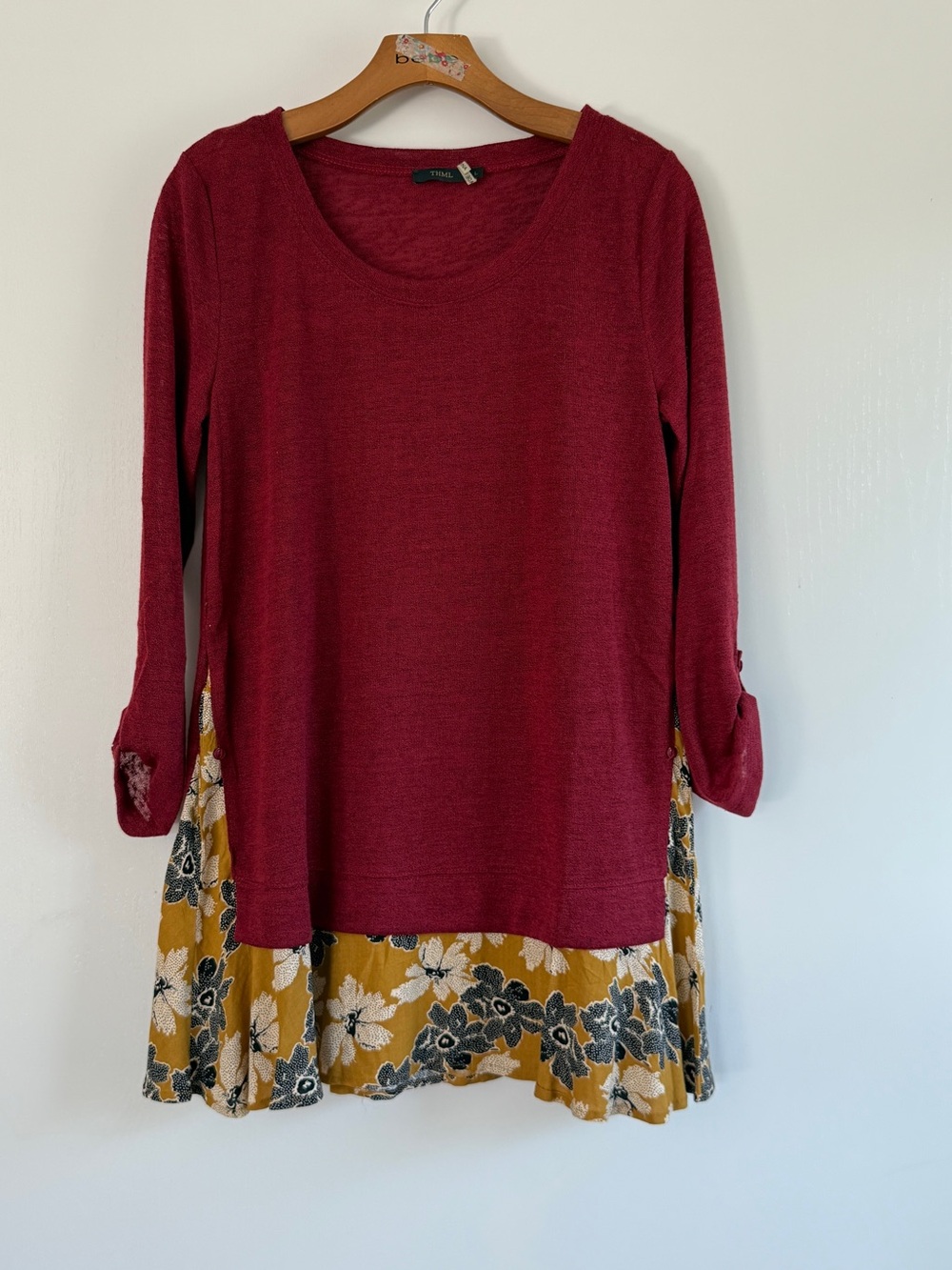 THML Knit Top Tunic Burgundy and Mustard Floral Hem Boho Casual Office